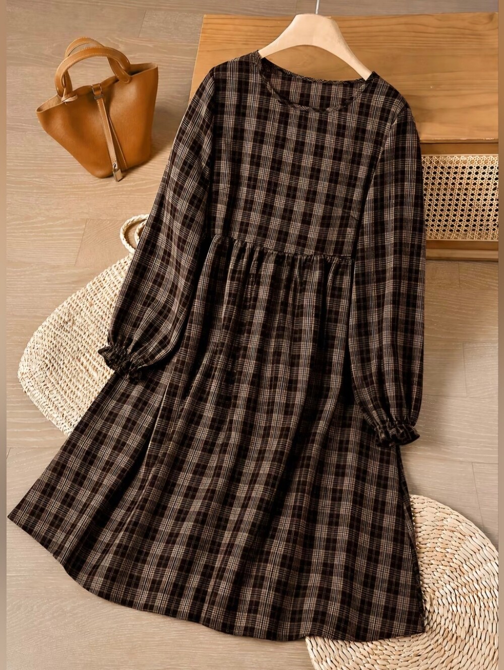 Women's -Line Midi Skirt with Plaid - Non-Stretch Round Neck Suitable